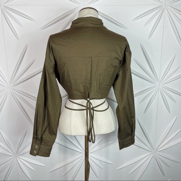 Khaki Button Down Crop Shirt Tie Details - Picture 12 of 16